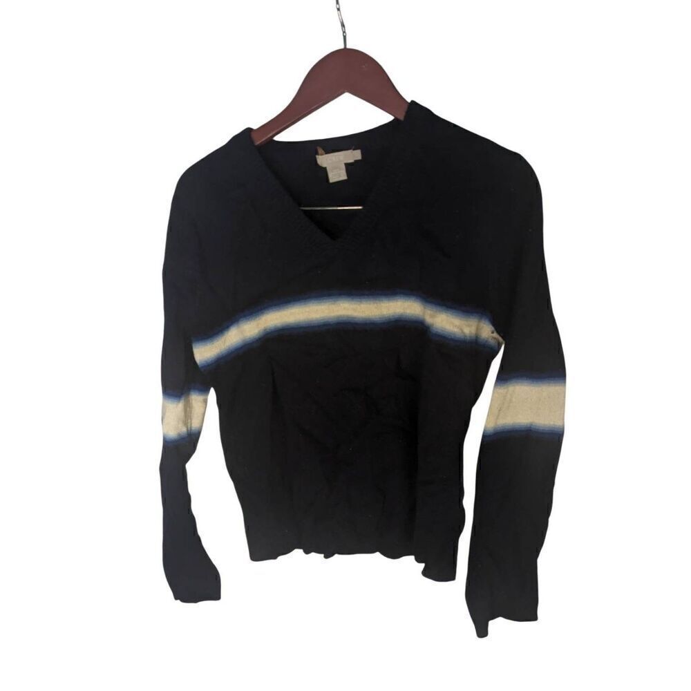 Vintage 90s Y2K J. Crew Lambswool Wool V Neck Navy Indigo Stripe Pullover Sweate